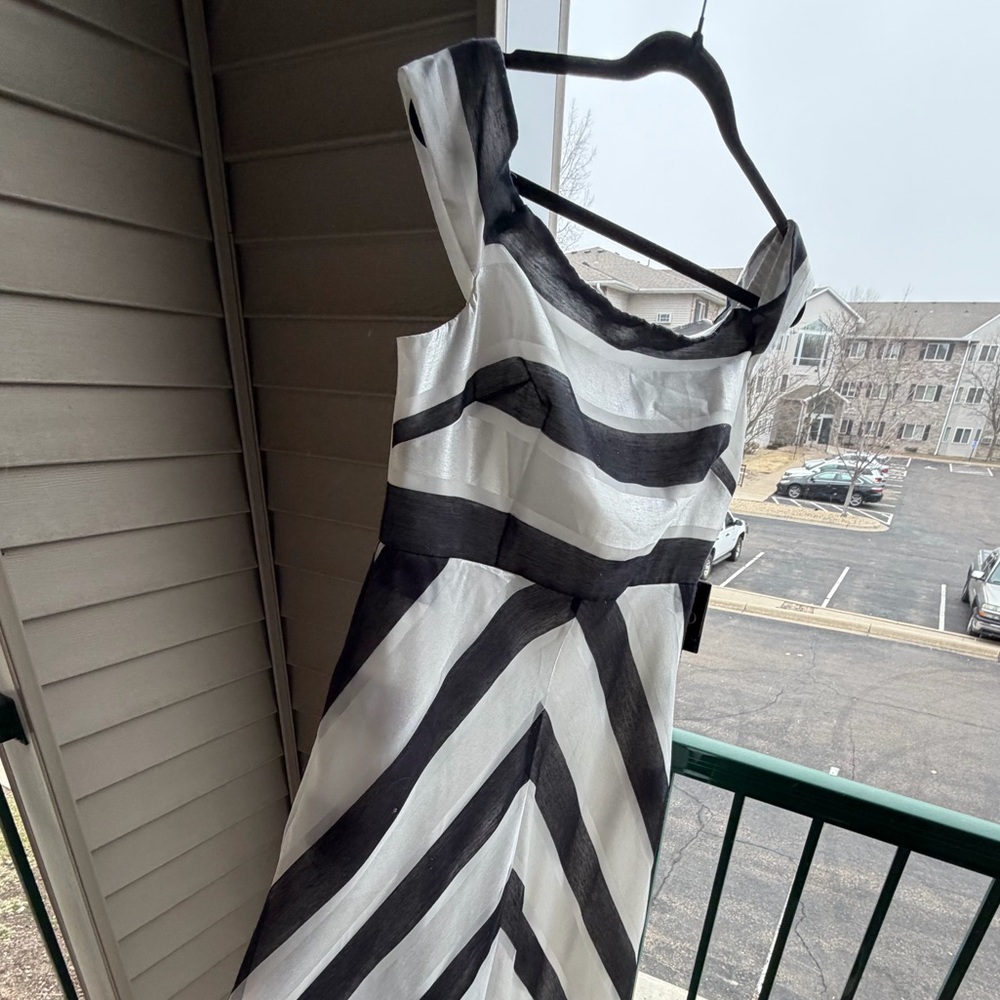 Adrianna Papell Black and White One-Shoulder A-Line Gown - Picture 6 of 15